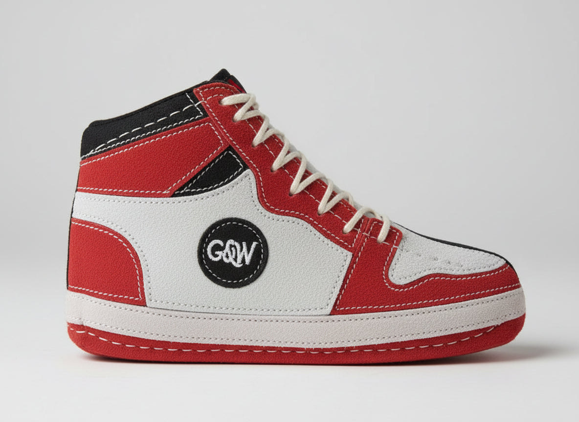 A hi-top dog toy in red, white, and black colors with a label that says 'GORDON'.