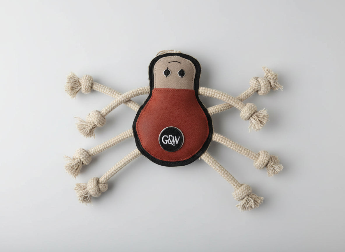 A red and beige dog toy resembling a spider with natural jute fibers and rope legs, branded with 'Green & Wild'.