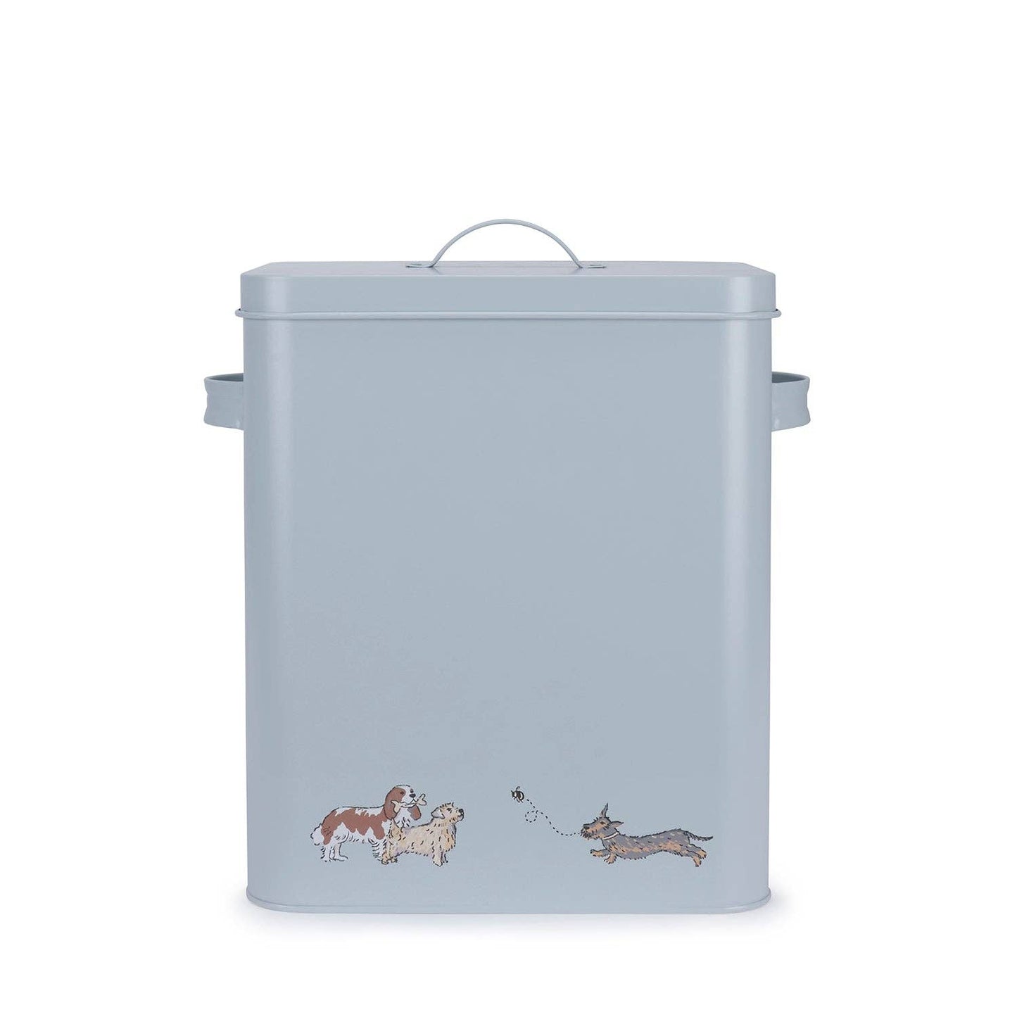 Light blue pet food container with dog illustrations on a white background