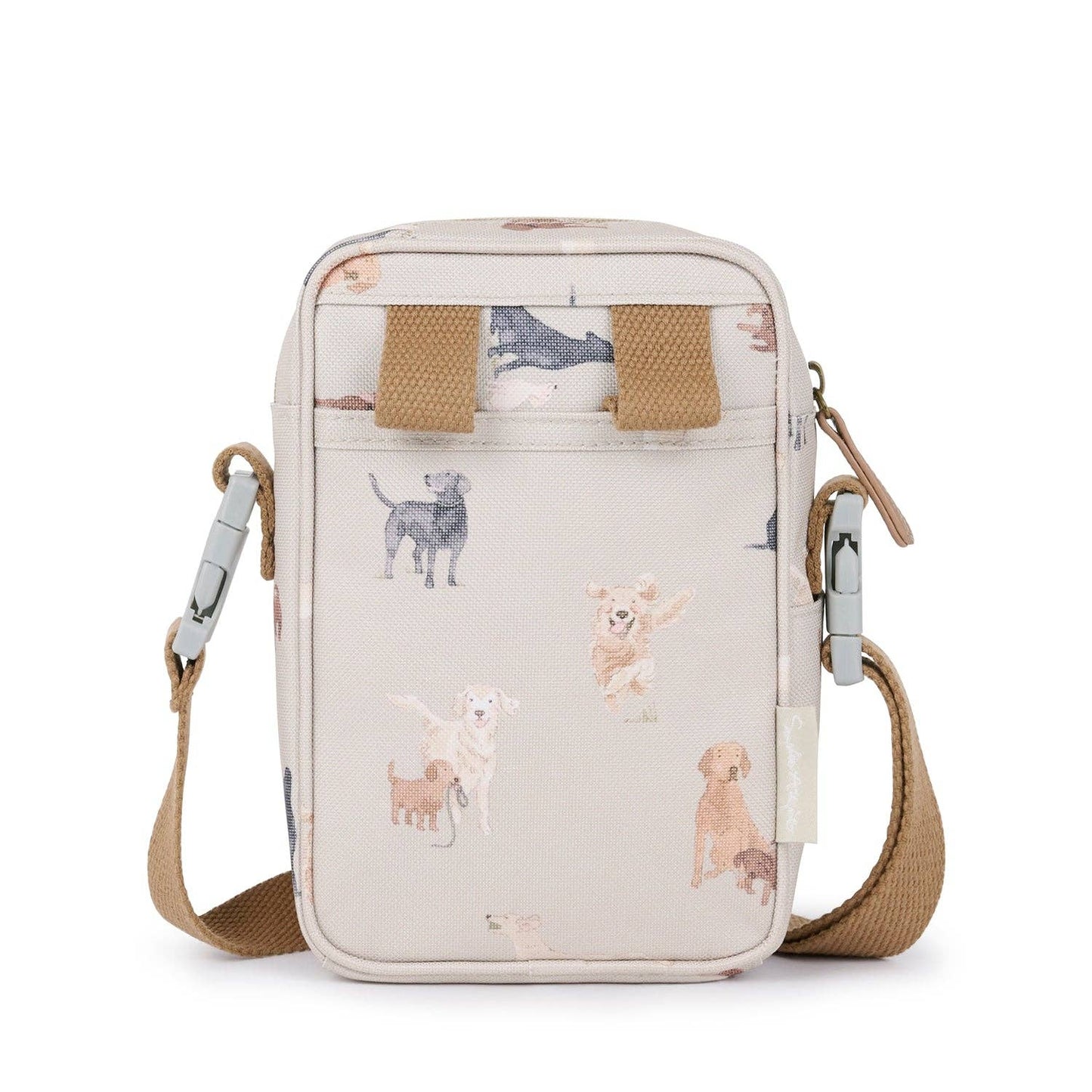 Small crossbody bag with dog illustrations on a white background