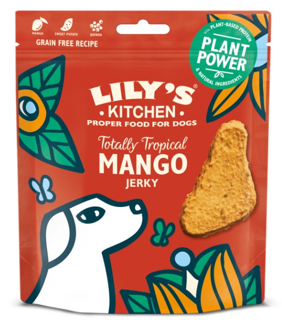 Lily's Kitchen Totally Tropical Mango Jerky for dogs packaging on a white background