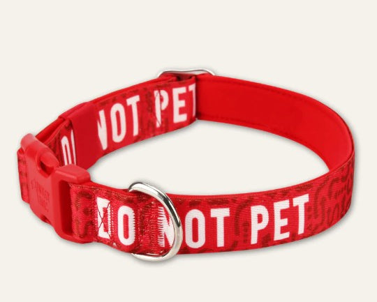 Red dog collar with 'DO NOT PET' text on a white background
