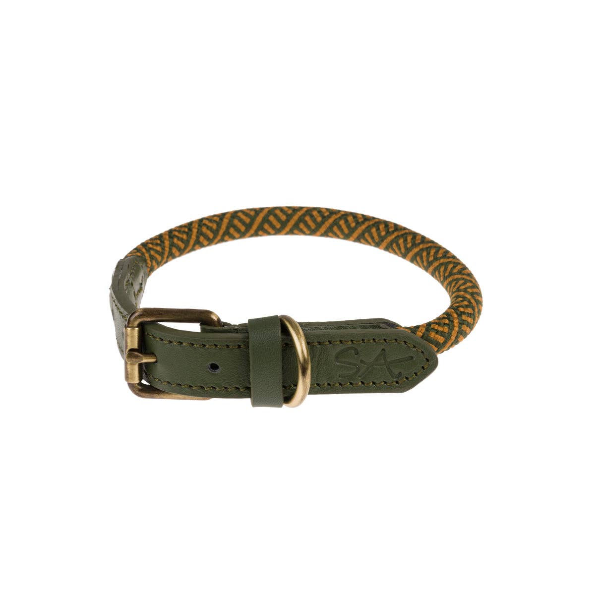 Green and brown patterned dog collar with leather strap on a white background