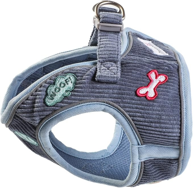 Gray dog harness with decorative elements on a white background