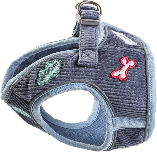 Gray dog harness with decorative elements on a white background
