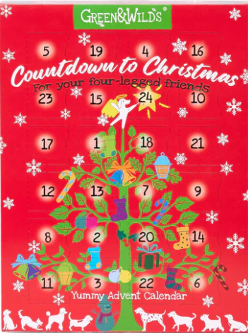 Advent calendar for pets with a tree design and numbers on a red background