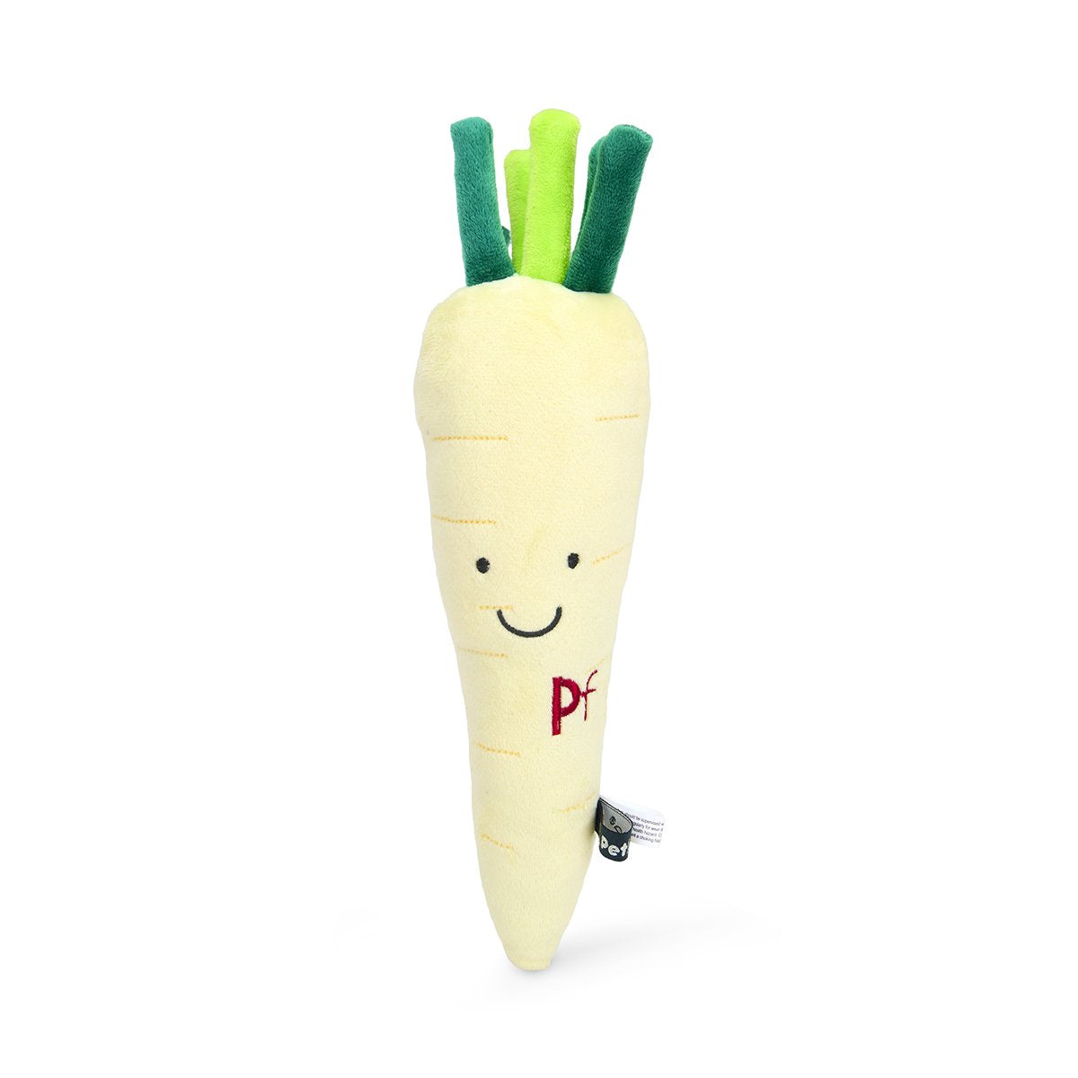 Plush parsnip toy with a face on a white background