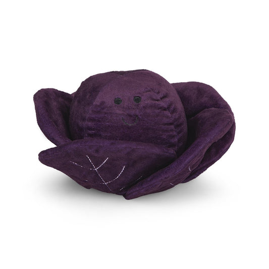 Purple plush cabbage toy on a white background