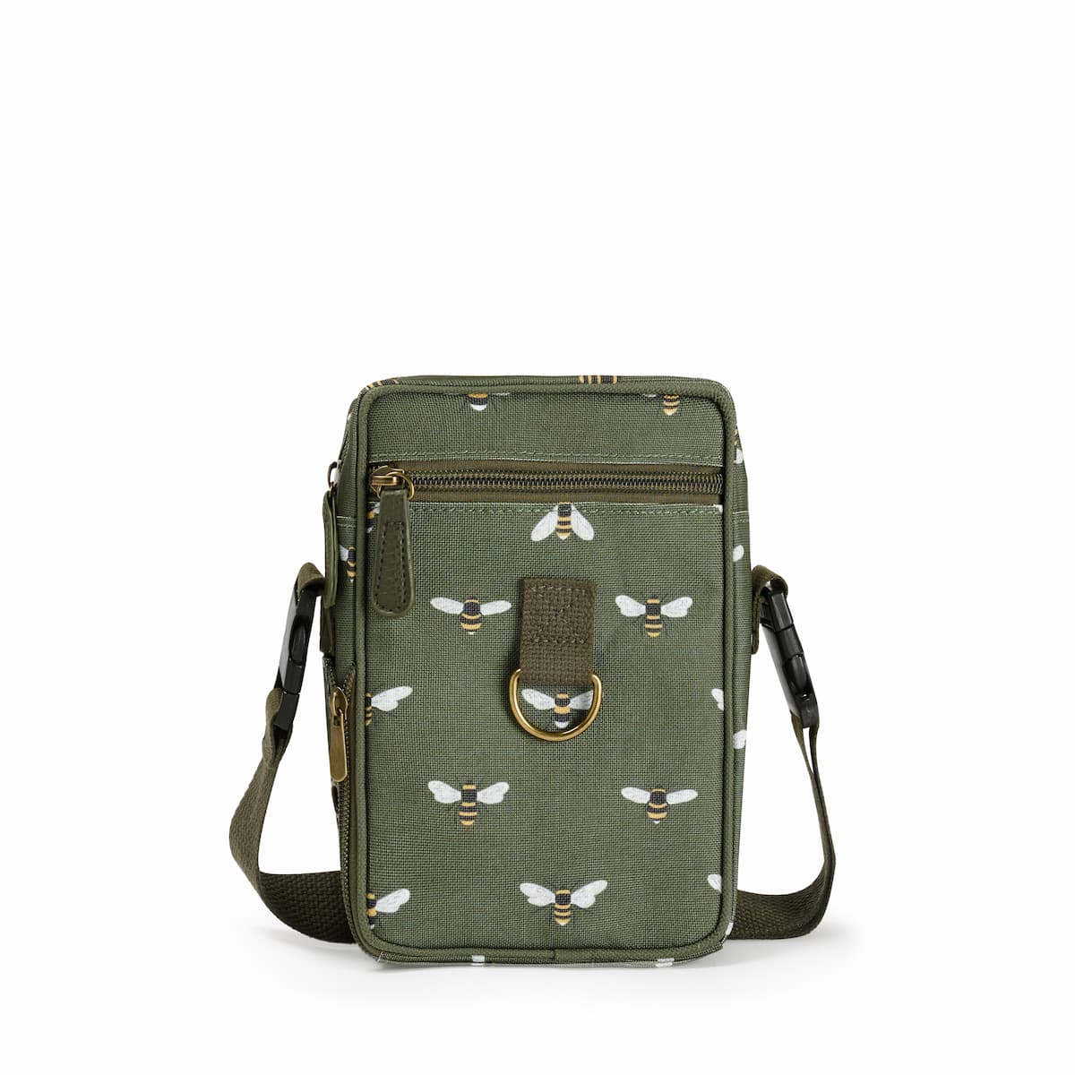 Green crossbody bag with bee pattern on a white background