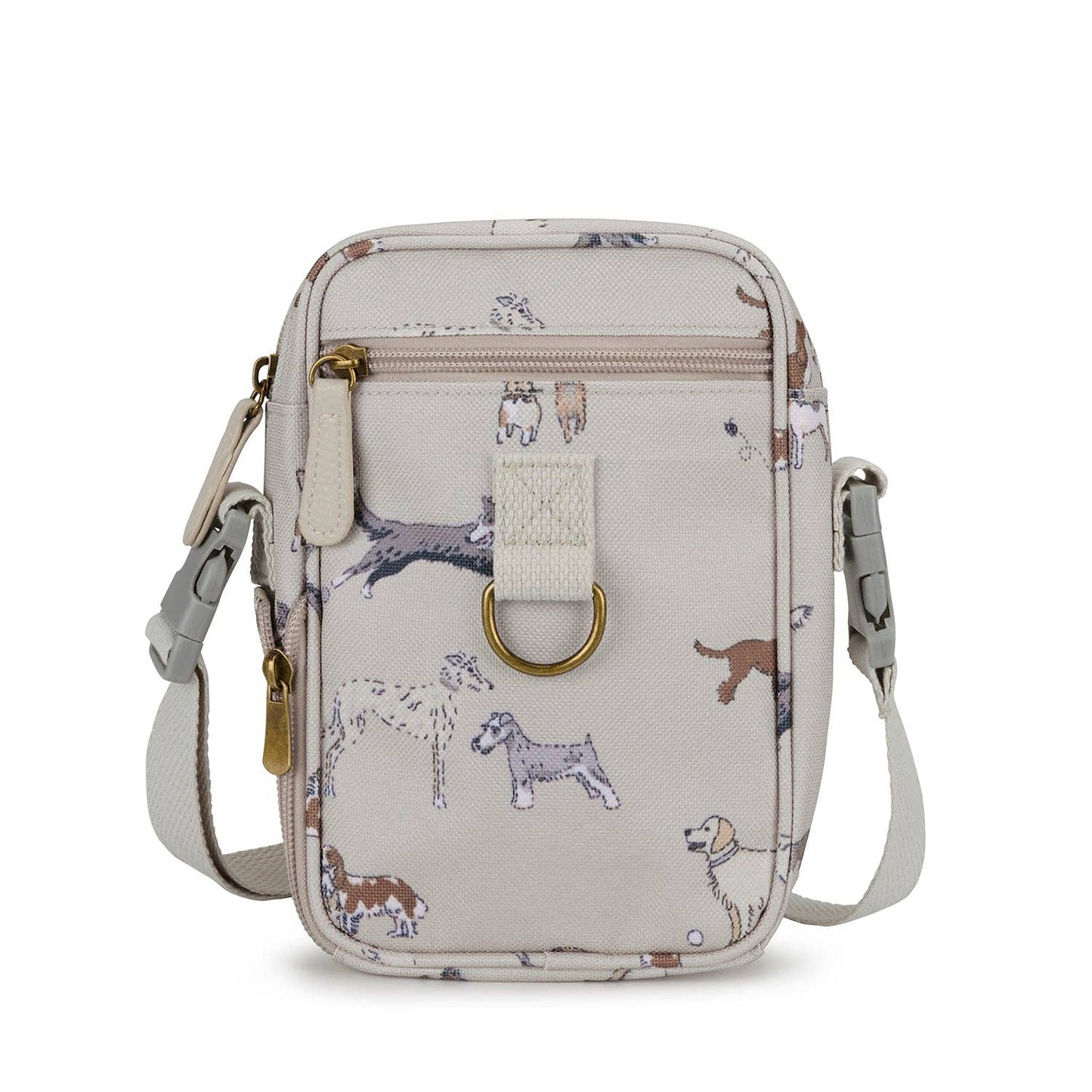 Small crossbody bag with dog pattern on a white background