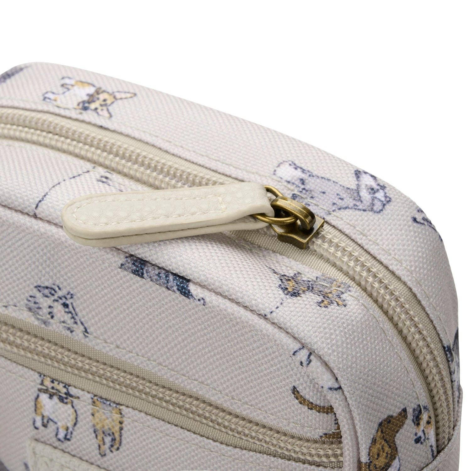 Close-up of a white pouch with a zipper and cat pattern on a white background