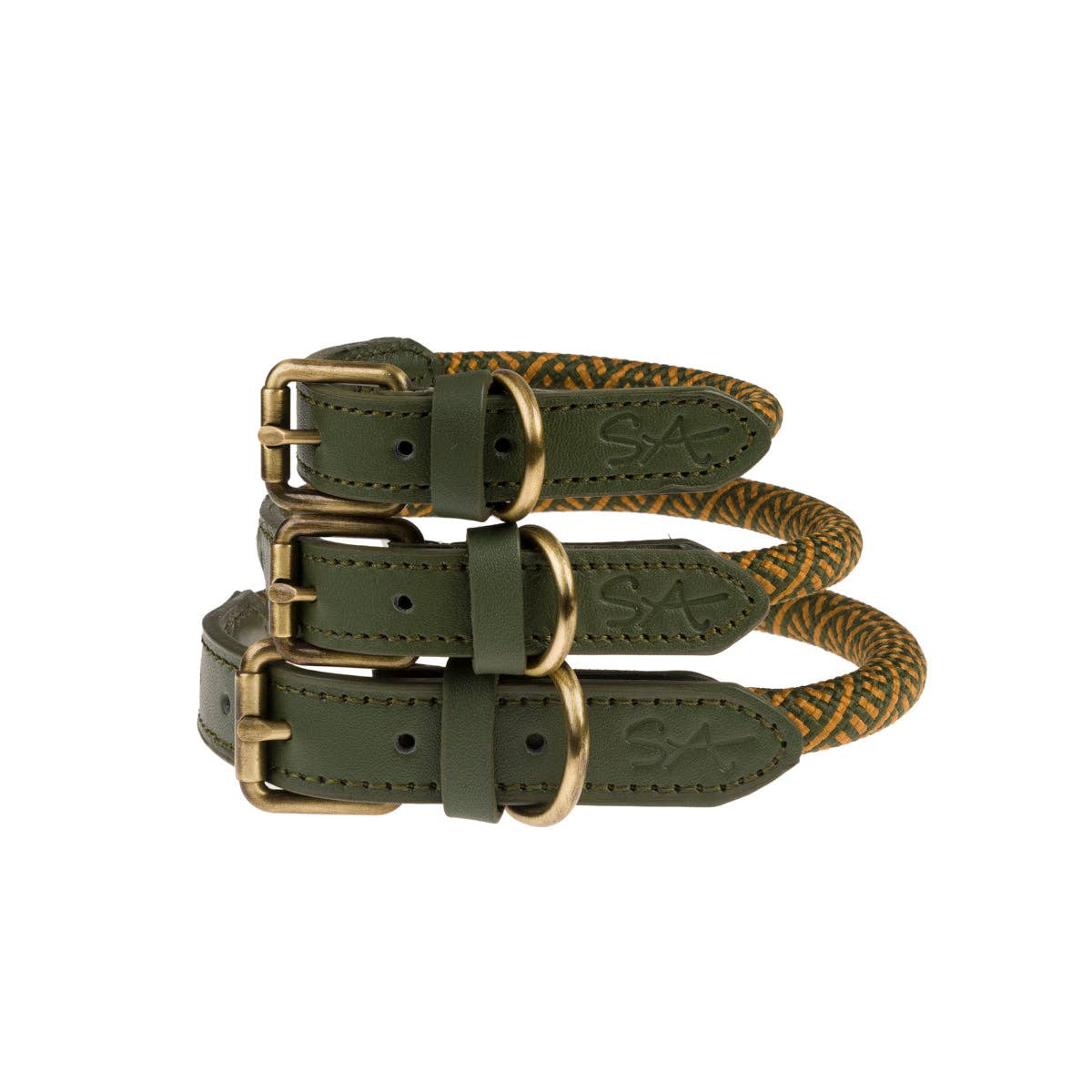 Two green dog collars with brown braided design on a white background