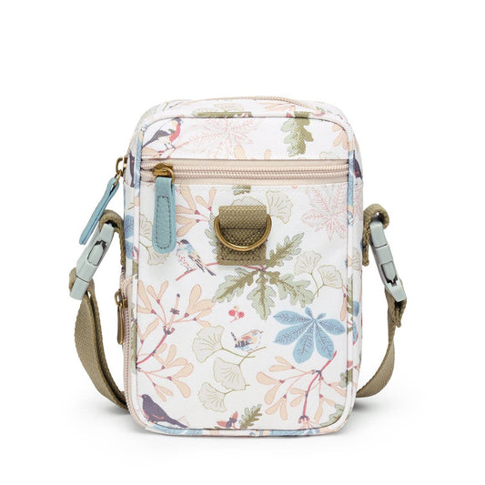 Floral patterned crossbody bag on a white background