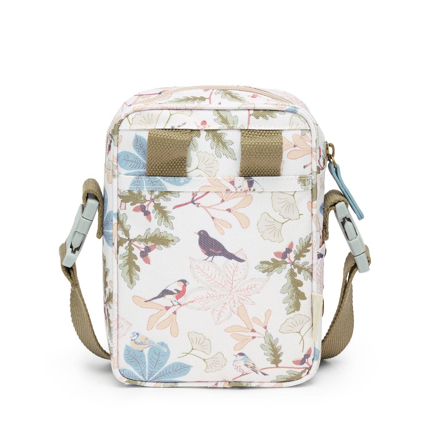 Floral and bird patterned crossbody bag on a white background
