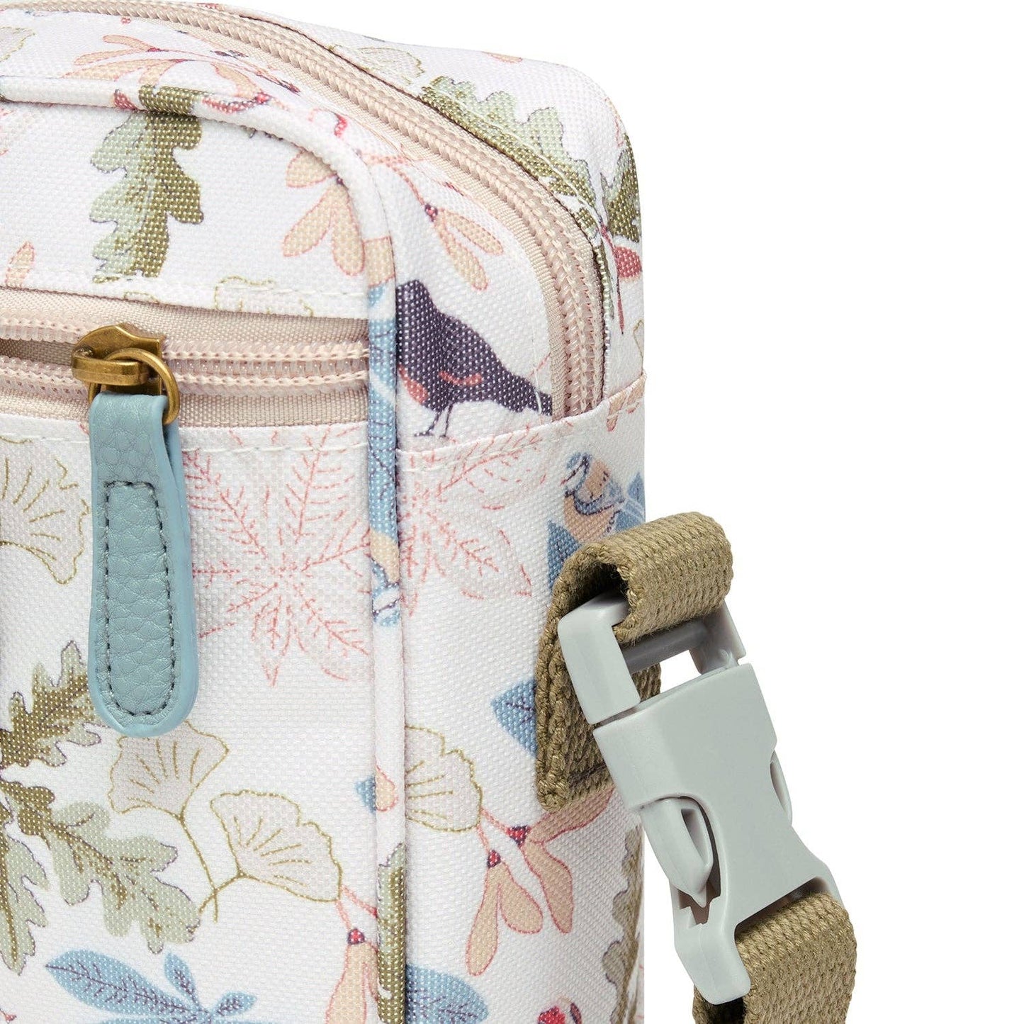 Floral-patterned bag with a strap and buckle on a white background