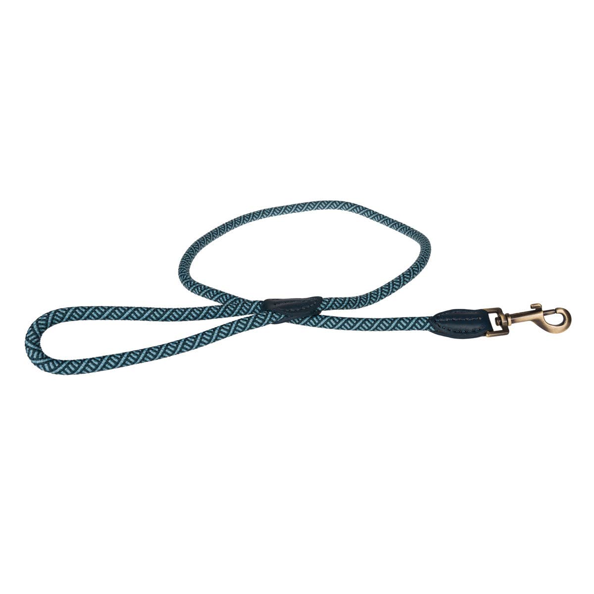 Navy blue dog leash with a gold clasp on a white background