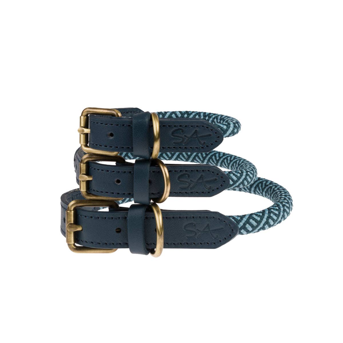 Two navy blue dog collars with gold buckles on a white background
