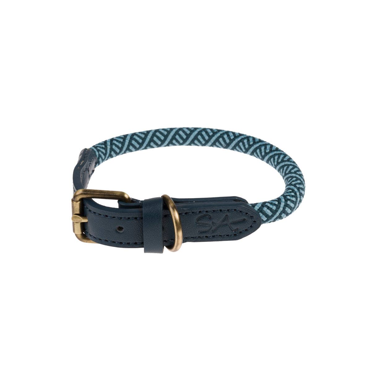 Navy blue and gold dog collar with a patterned strap on a white background