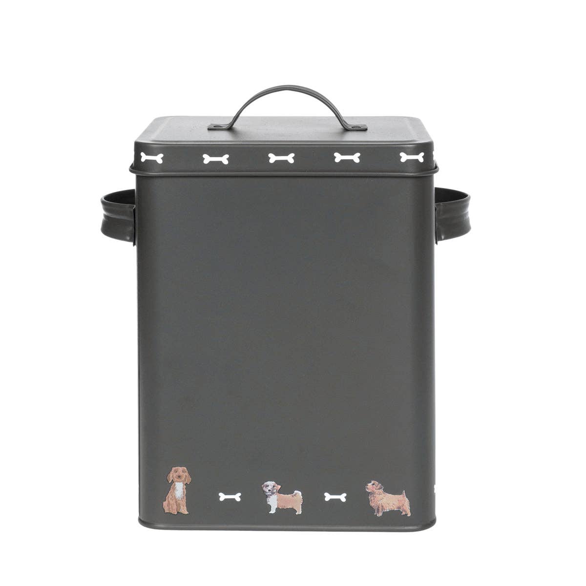Dark gray pet food storage container with illustrations of dogs and bones on a white background