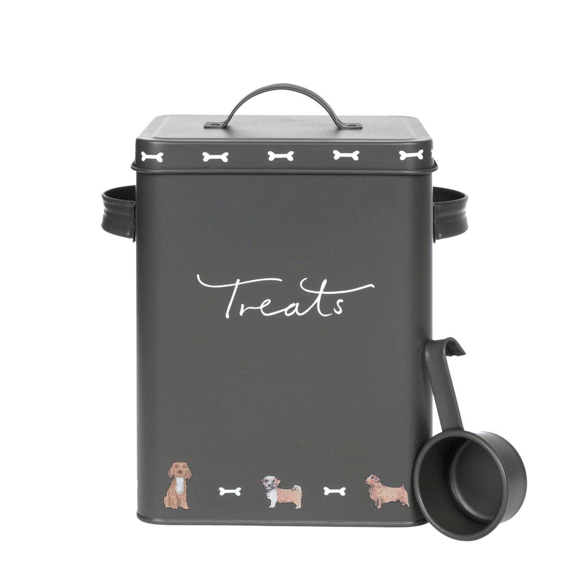 Dark gray treat container with 'Treats' text and dog illustrations, accompanied by a black measuring scoop on a white background.
