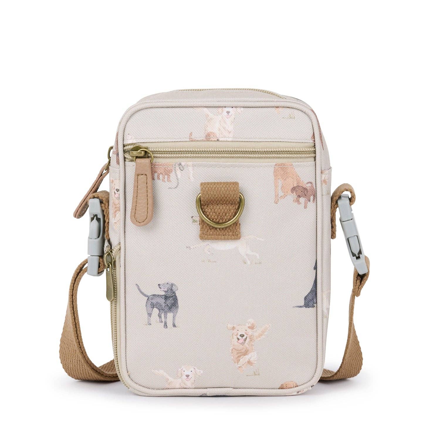 Small crossbody bag with dog pattern on a white background