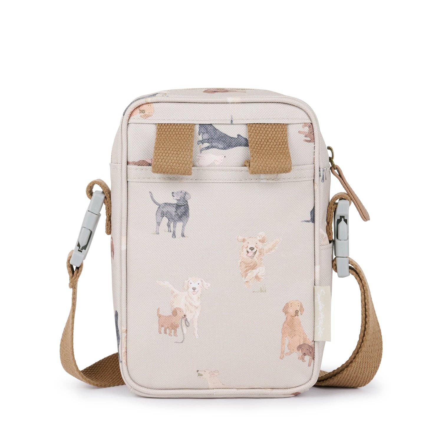 Small crossbody bag with dog illustrations on a white background