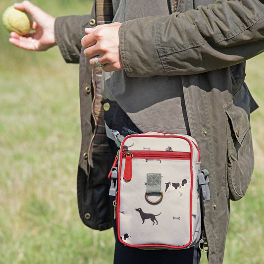 Person holding a small bag with dog illustrations in a grassy outdoor setting