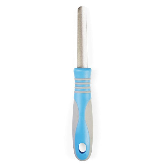Metal file with a blue handle on a white background