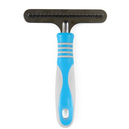 Pet grooming brush with blue handle on a white background