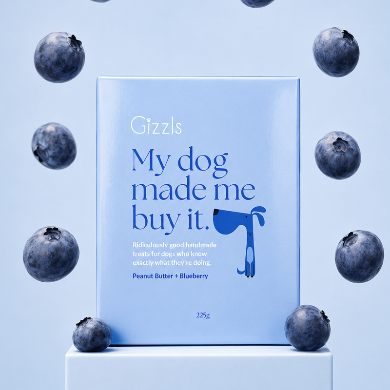 A light blue Gizzls pet treat box standing on a pedestal, surrounded by floating blueberries against a pale blue background. The box reads 'My dog made me buy it.