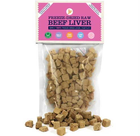 Bag of freeze-dried raw beef liver with pink packaging on a white background