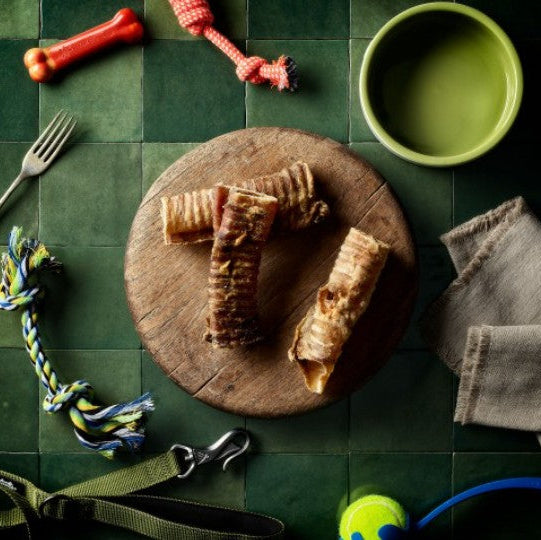Dog treats on a wooden board with toys and a bowl on a green checkered floor.