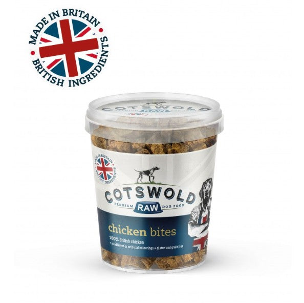 Cotswold Raw chicken bites for dogs with British flag branding on a white background