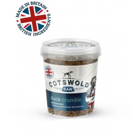 Cotswold Raw duck crumble for dogs on a white background