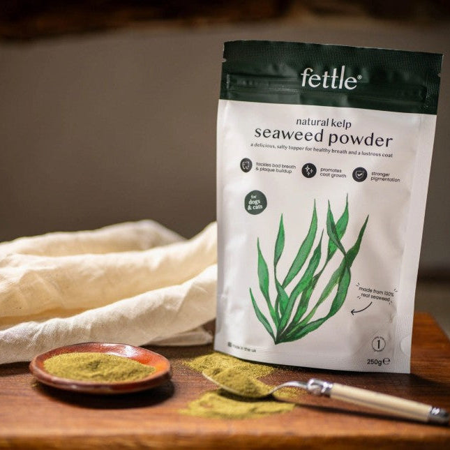 Fettle natural kelp seaweed powder packaging on a wooden surface with a spoonful of powder.