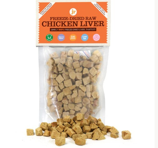 Bag of freeze-dried raw chicken liver with an orange label on a white background