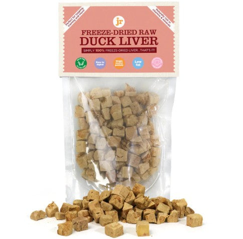 Package of freeze-dried raw duck liver with visible duck liver pieces on a white background