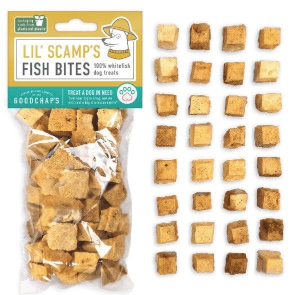 Lil' Scamp's Fish Bites dog treats packaging with treats displayed on a white background