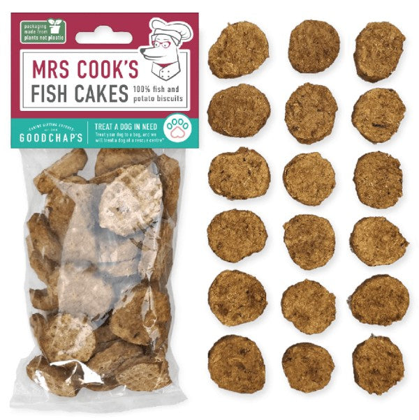 Packaging of Mrs Cook's Fish Cakes dog treats with visible treats on a white background