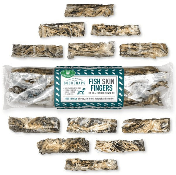 Goodchap's Fish Skin Fingers dog chews with packaging on a white background