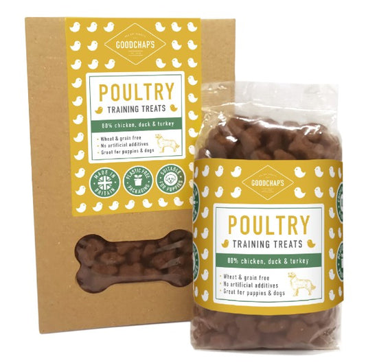 GoodChaps poultry training treats packaging with yellow and brown design.