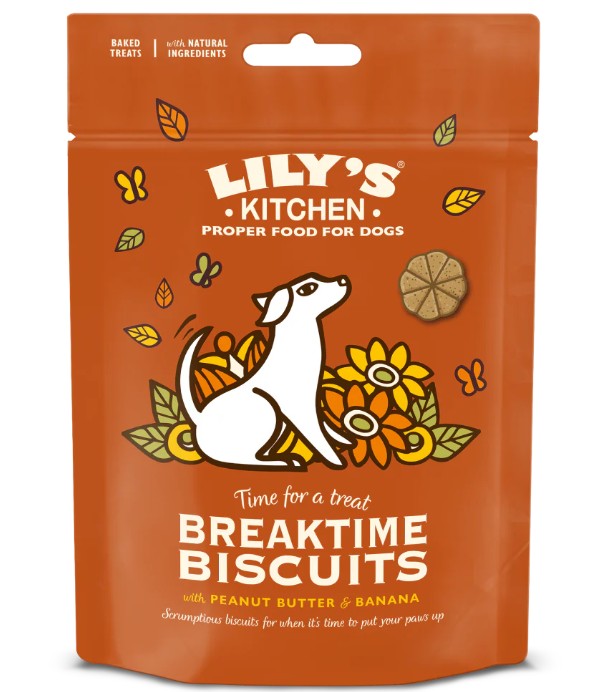 Lily's Kitchen Breaktime Biscuits packaging for dogs on an orange background