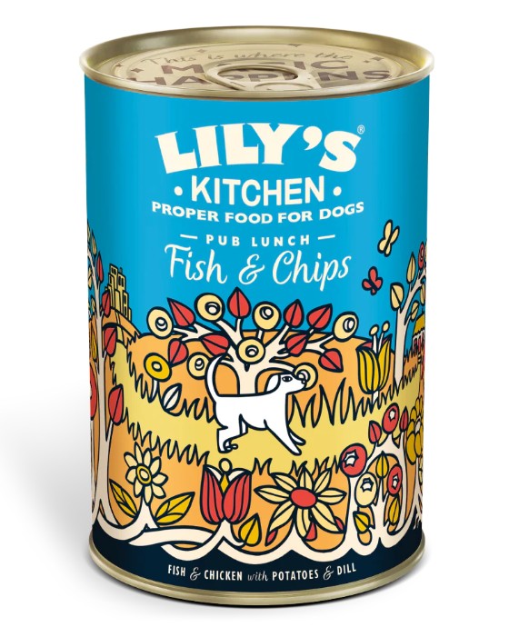 Lily's Kitchen dog food can with colorful design on a white background