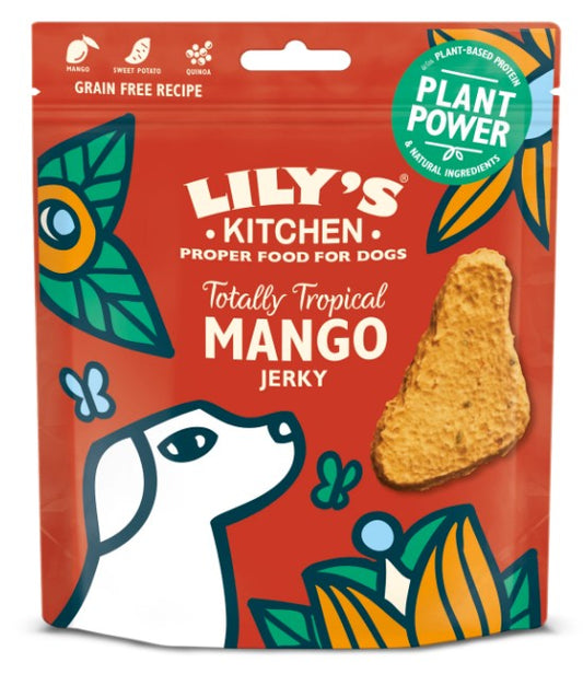 Lily's Kitchen Totally Tropical Mango Jerky for dogs packaging on a white background