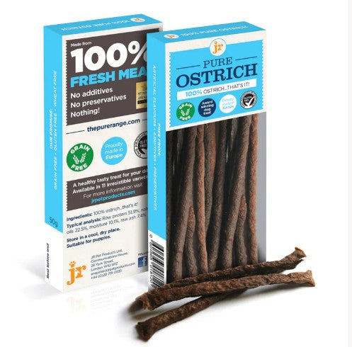 Ostrich treats with packaging on a white background