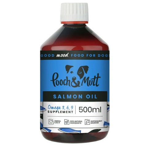 Bottle of Pooch & Mutt salmon oil supplement for dogs on a white background