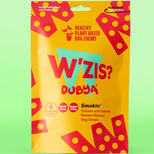 W'ZIS? Dubya dog chews packaging on a green background