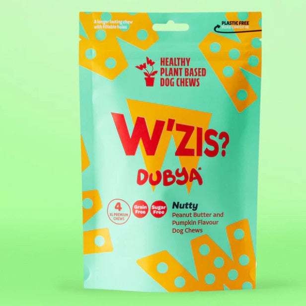 W'ZIS? Dubya dog chews packaging on a green background